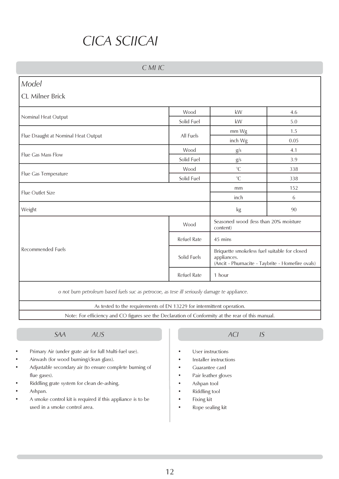 Yeoman YMMB manual Technical Specification, CL Milner Brick, Standard features, Packing list 